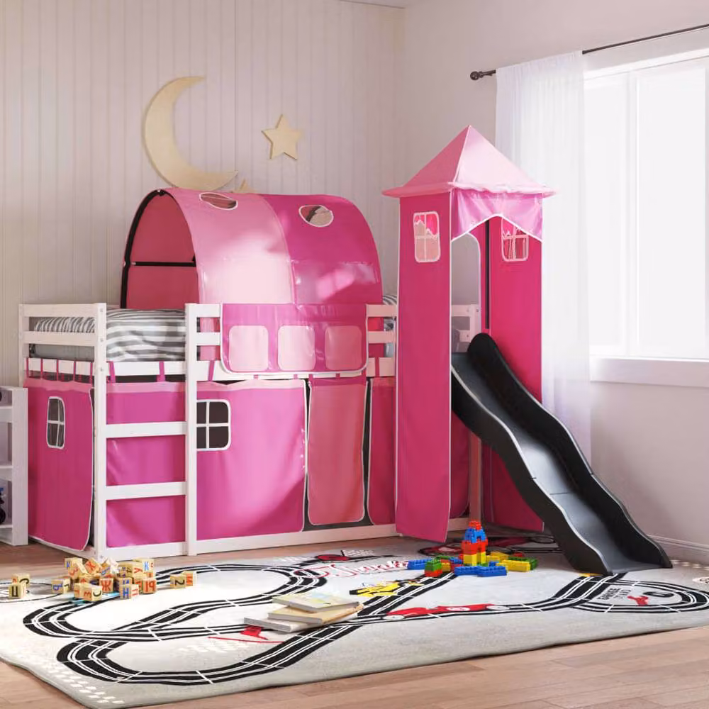 Berkfield Home Pink Solid Wood Childrens Bunk Bed with Slide and Curtains W/D/H: 90 x 200 cm – 2