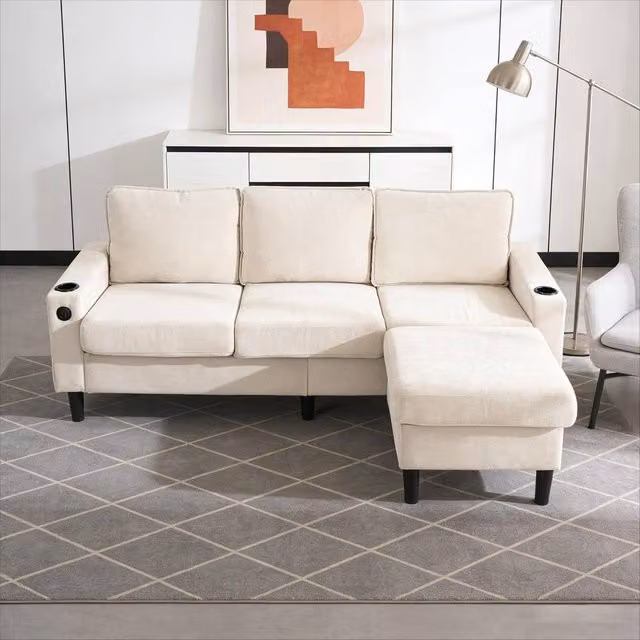 BTM L-Shaped Sectional Sofa in Beige with USB Charging Ports and Cup Holders, W/D/H: 202 x 137 x 80 cm