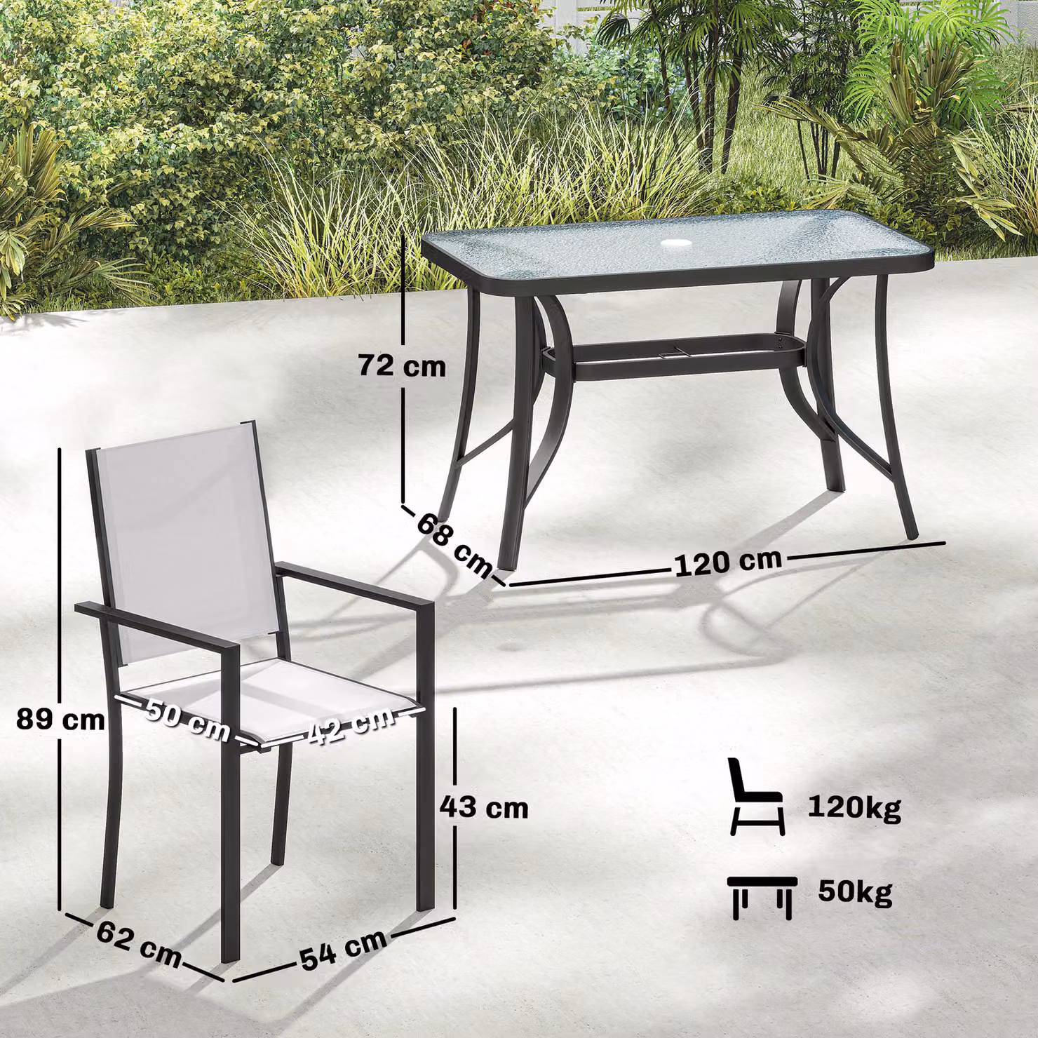 Outsunny Modern Garden Dining Set for 4 with Rectangular Glass-Top Table and Stackable Chairs in Light Grey – 3