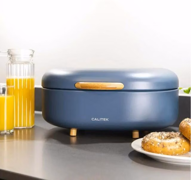 CALITEK Blue Carbon Steel Bread Bin with Bamboo Feet