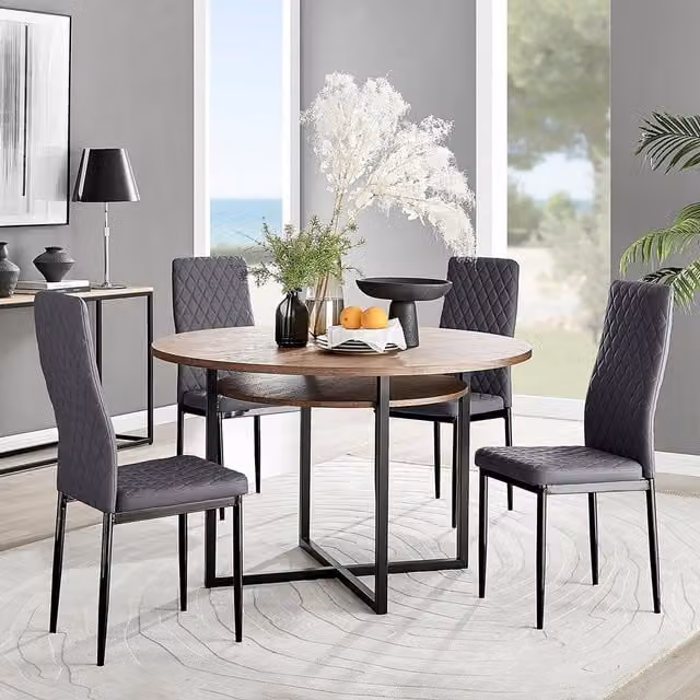 FurnitureboxUK Adley Brown Wood Round Dining Table and 4 Grey Velvet Milan Chairs with Black Legs – 1