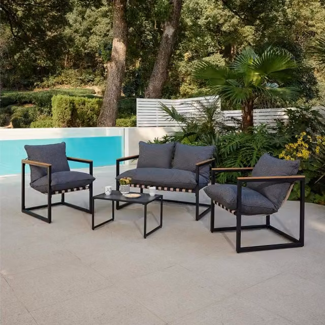 Home Detail Marbella Black Metal Garden Lounge Set with Grey Cushions