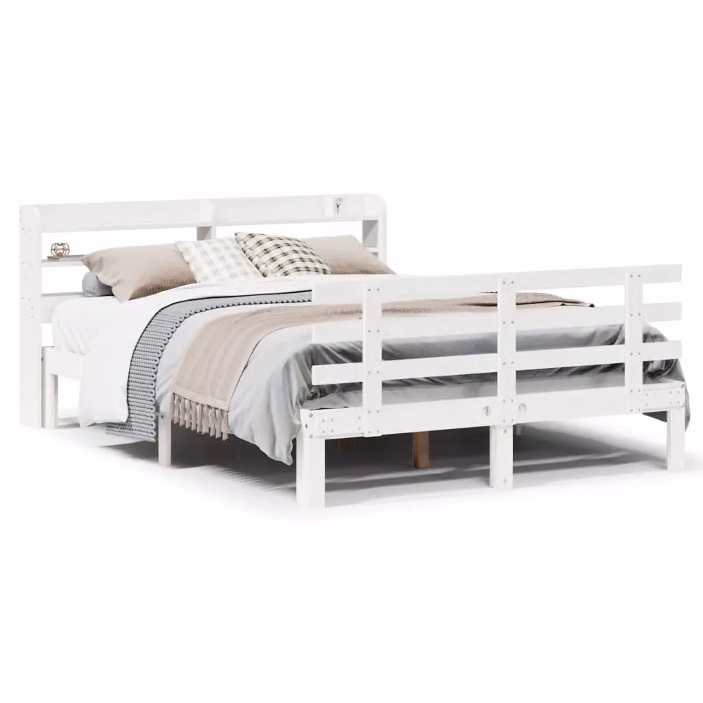 Berkfield Home Double Bed Frame with Headboard and Side Compartments in White Pine Wood, W/D/H: 135 x 190 cm – 2