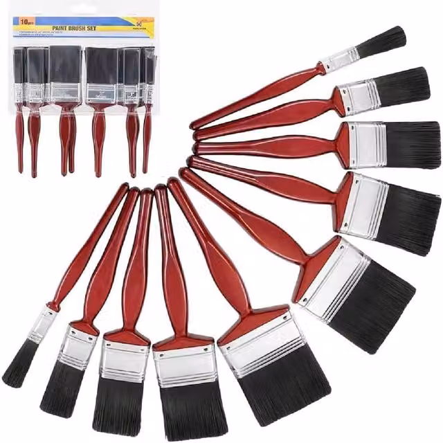 BARGAINS-GALORE 10-Piece Professional Synthetic Paint Brush Set with Dark Red Handles for Water-Based and Solvent-Based Paints