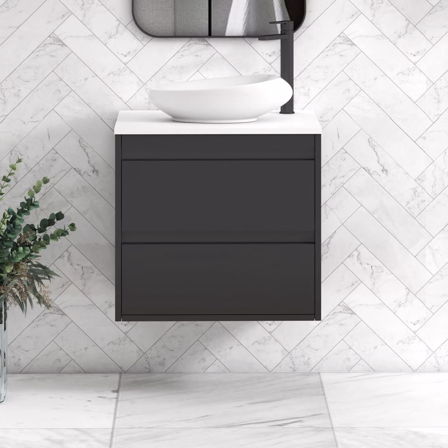 Royal Bathrooms Orion 600mm Wall Hung Vanity Unit with Nova Basin and 2 Drawers in Matt Obsidian Black and White with Black Accent Trim