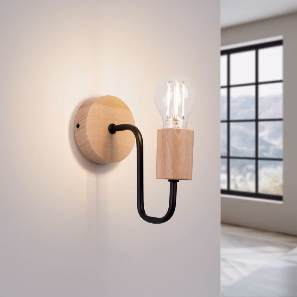Sollux Lighting Loft Scandinavian Wall Lamp in Black and Wood, W/D/H: 18.5 x 8 x 19 cm – 2