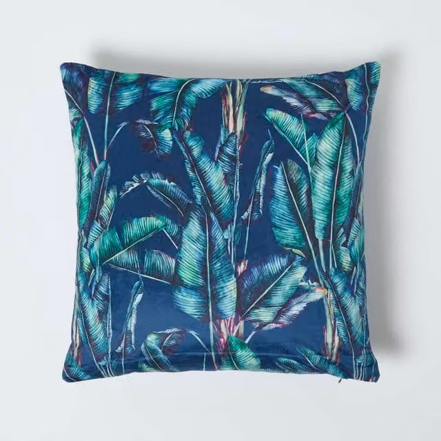 Homescapes Blue Floral Velvet Square Cushion, W/D/H: 46 x 46 x 46 cm