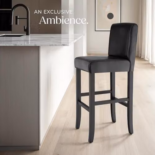 tectake Set of 2 Dover Bar Stools in Black with Synthetic Leather and Glossy Wood Legs – 7