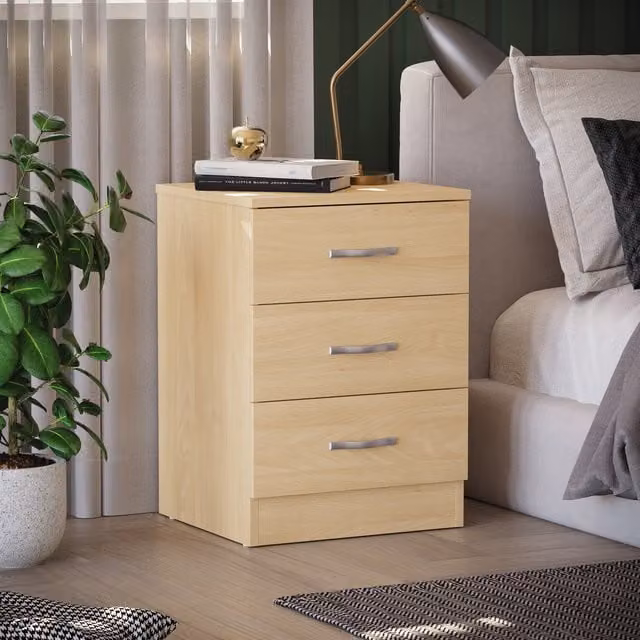 Vida Designs Modern Pine 3 Drawer Bedside Table Chest in Brown, Yellow and Beige