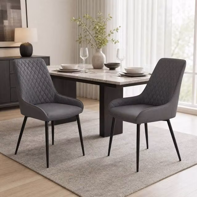 STILVORA Set of 2 Modern Grey PU Leather Dining Chairs with Metal Frame