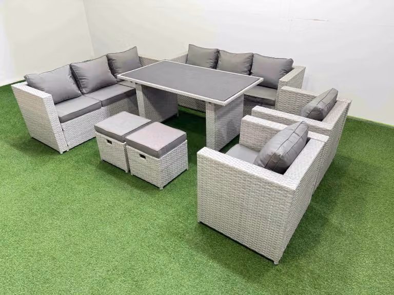 Fimous 10 Seater Outdoor Dining Set with 3 Seater Sofa and 2 Small Stools in Light Grey