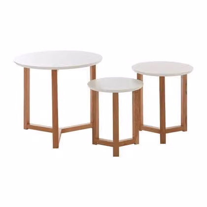 Premier Housewares Nest of 3 Round Oak Wood Side Tables in White and Natural, W/D/H: 50 x 50 x 42 cm