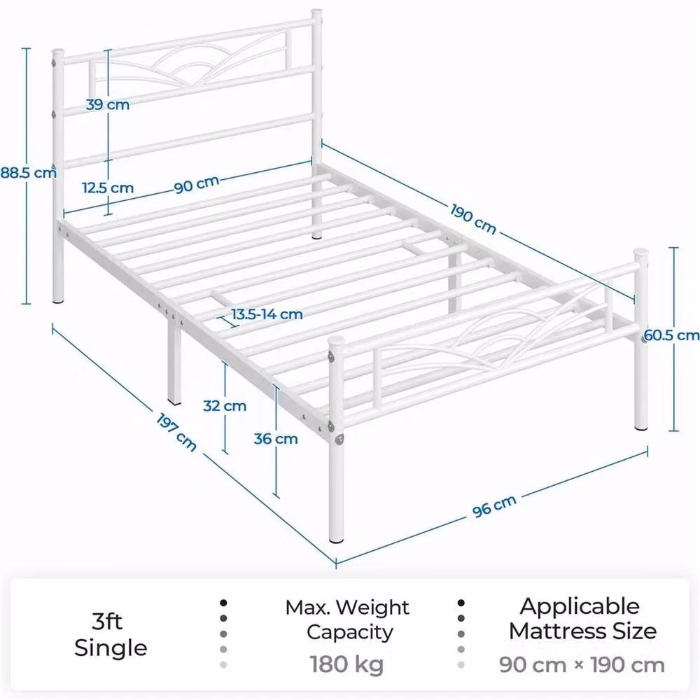 Kelvenix Modern Metal Single Bed Frame in White, W/D/H: 190 x 90 x 91.44 cm – 2