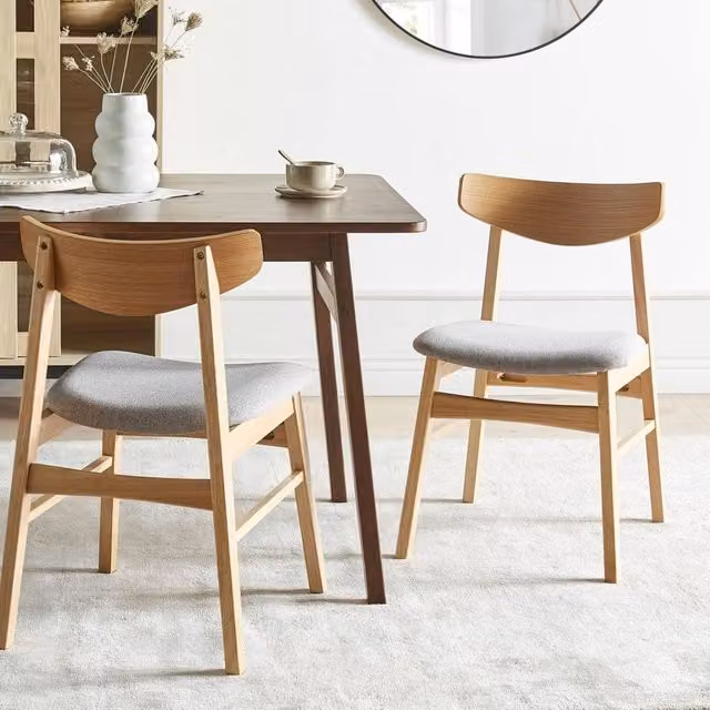 Wyld and Coco Set of 2 Armless Dining Chairs with Light Rubberwood Frame and Grey Fabric in Brown