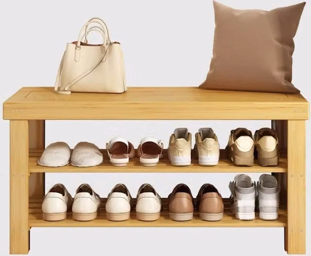KORVIXA Bamboo Shoe Rack Bench in Brown and Beige – 1