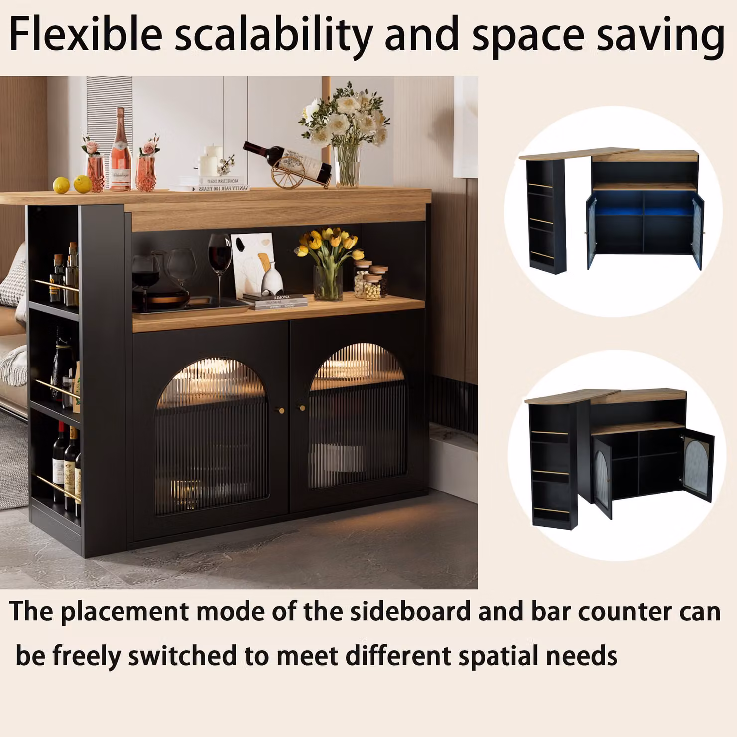 Aosom UK Modern Extendable Kitchen Island with Swivel Dining Table and LED Strip, Black, W: 138-193 cm, D: 39 cm, H: 105 cm – 4