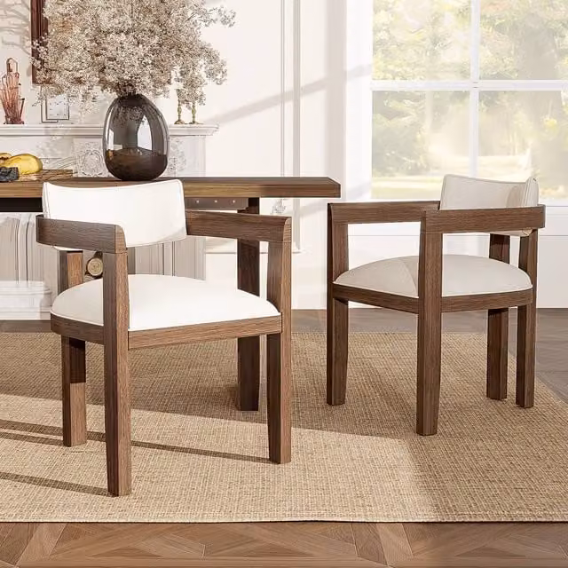 Rolipo Set of 2 Solid Wood Dining Chairs with Beige Linen Upholstery in Walnut
