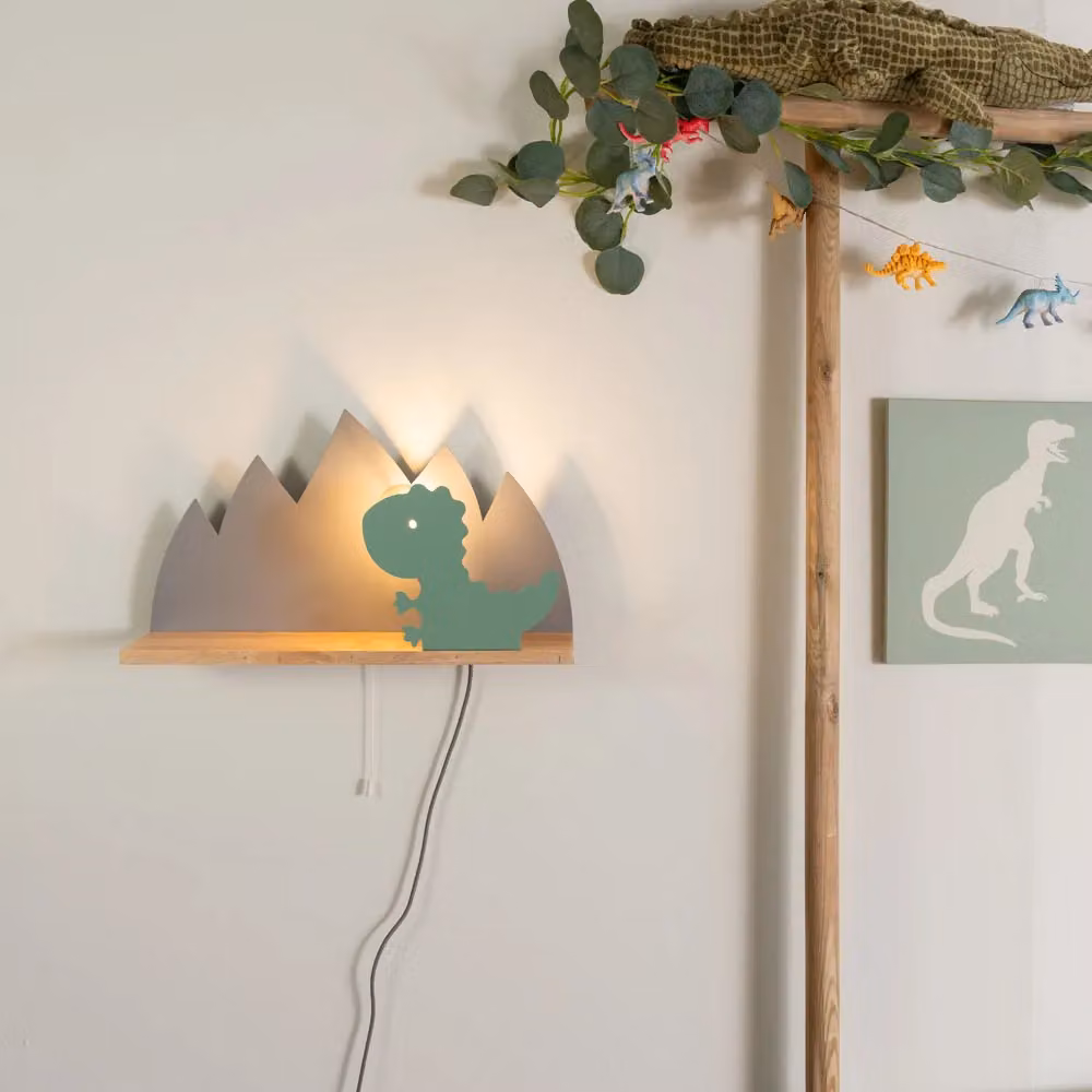 ValueLights Kids Dinosaur Design Plug-in Wall Light with Shelf in Green and Grey – 3