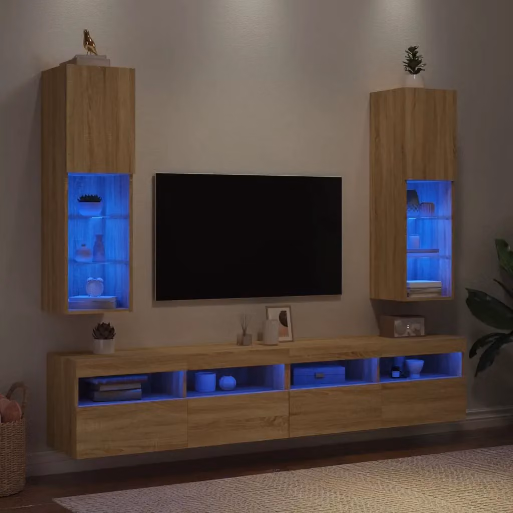 Berkfield Home Set of 2 Modern TV Cabinets with LED Lights in Sonoma Oak Brown, W/D/H: 30.5 x 30 x 102 cm – 2