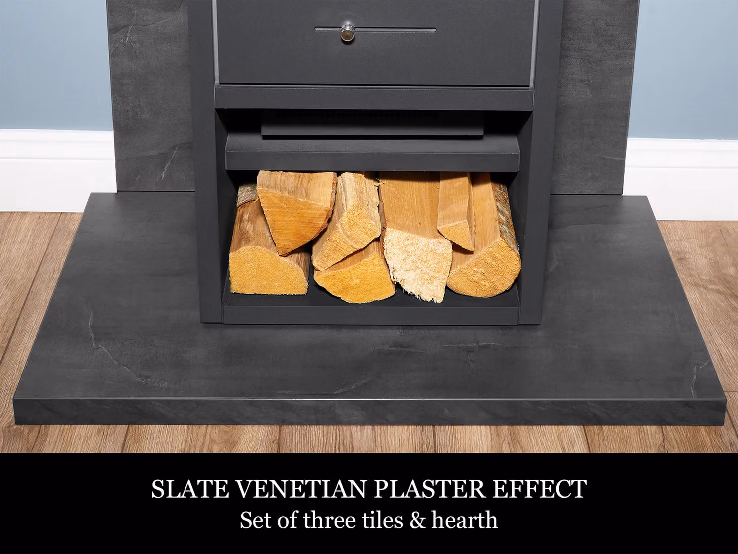 Acantha Bergen XL Electric Wall Mounted Stove and Tile and Hearth Set in Grey with Slate Venetian Plaster Effect – 3