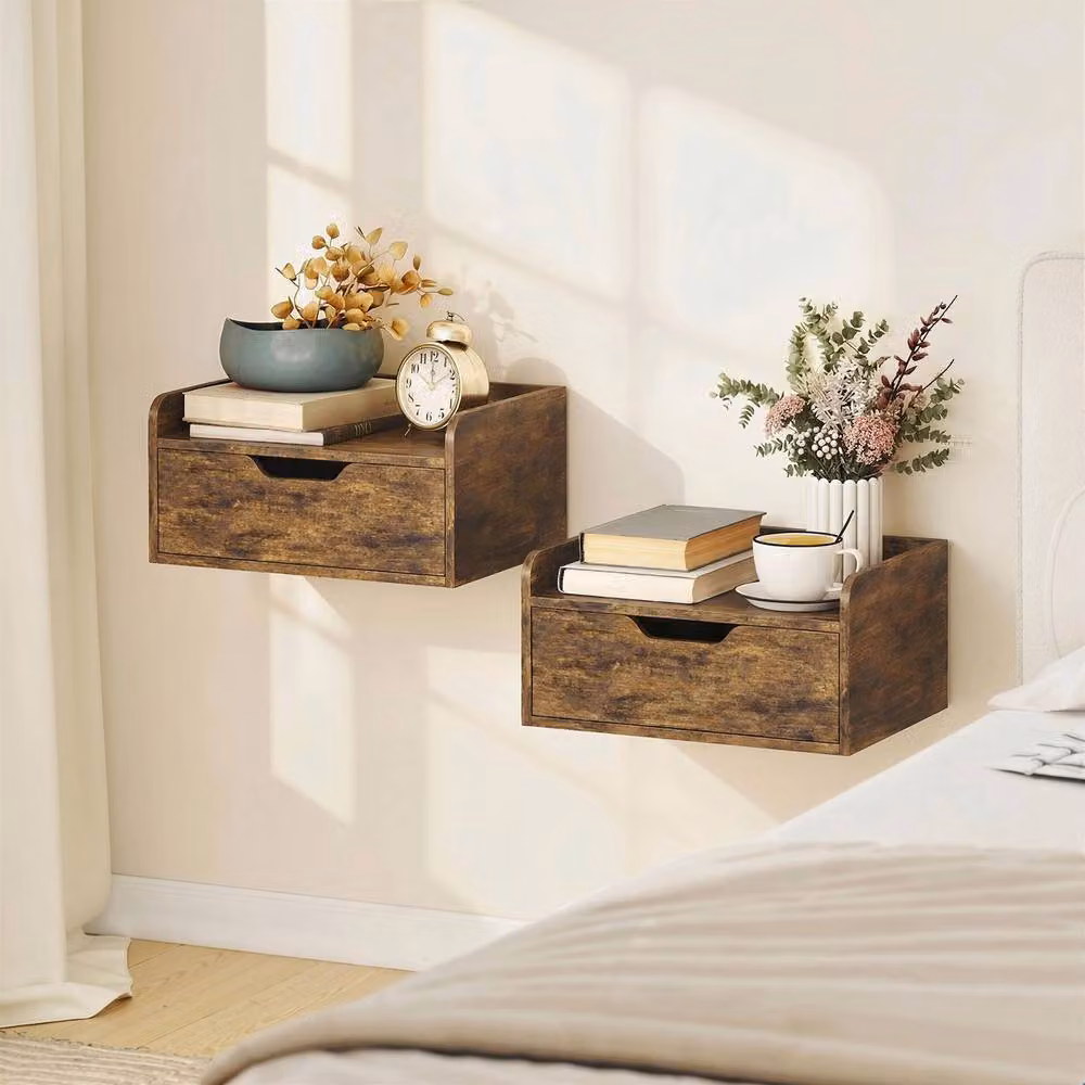 HOMCOM Set of 2 Modern Wall-Mounted Floating Nightstands with Drawer in Rustic Brown – 2