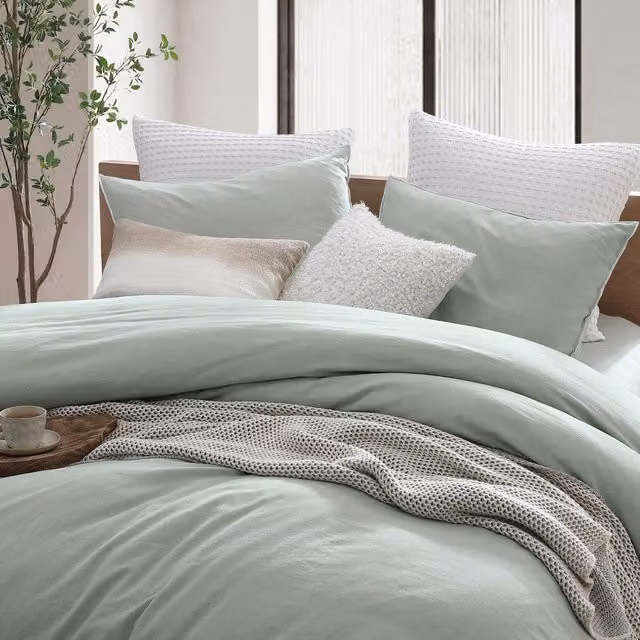 DKNY Pure Washed Linen and Cotton Double Duvet Cover Set with Pillowcases, Green, 140 x 200 cm
