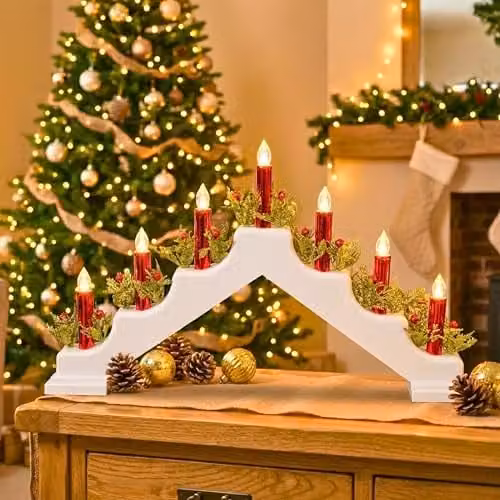 Shatchi White and Red Plastic Candle Bridge Christmas Tabletop Decoration H30 x W50 x D6.5 cm – 2