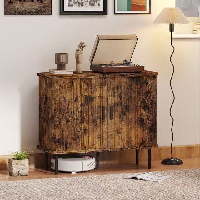 HOMCOM Mid-Century Sideboard Storage Cabinet with Slatted Tambour Sliding Doors in Rustic Brown Oak Wood