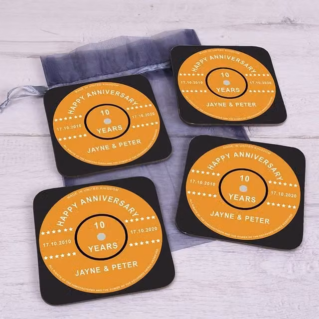 Uniqueful Personalised Happy Anniversary Multicolour Set of 4 Square Coasters for Couples