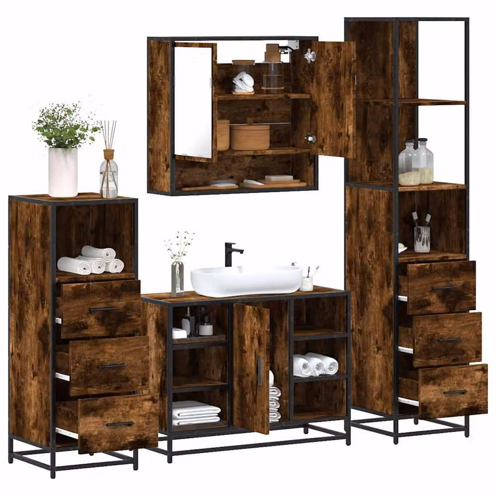 Berkfield Home 4-Piece Industrial Bathroom Furniture Set in Smoked Oak and Brown – 2