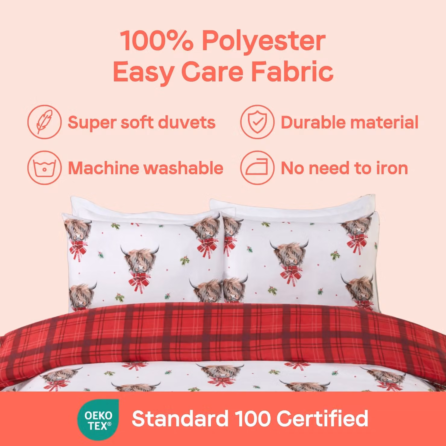 Rapport Home Fergus Reversible Microfibre Checked Duvet Cover Set with Pillowcase, Red and Multicolour Highland Cow Pattern – 6