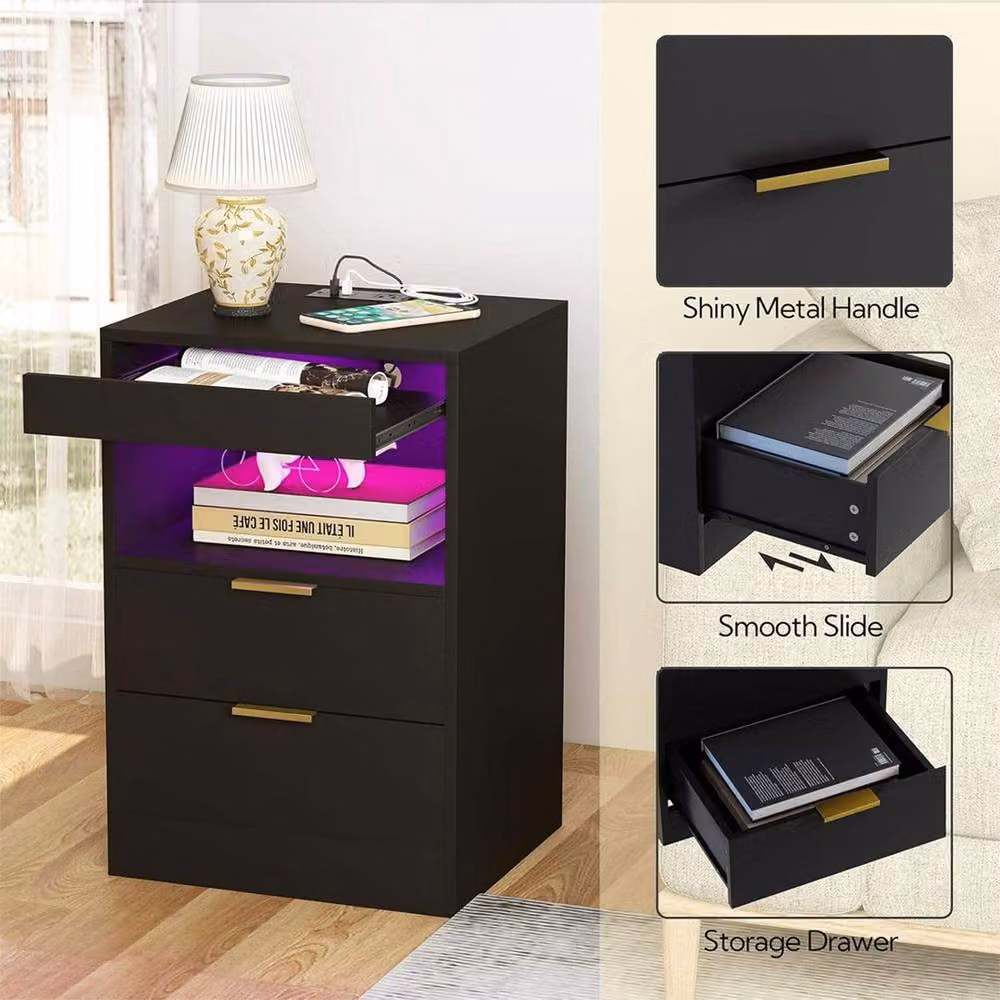 Ventryn Mondeer Black LED Bedside Table with Hidden Drawer and Integrated Lighting – 3