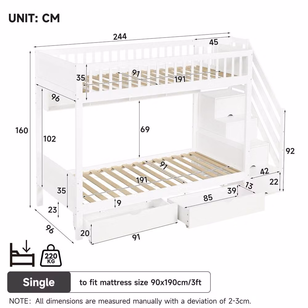 STILVORA Modern White Wooden Bunk Bed with Stairs and Storage Drawers, W/D/H: 190 x 90 x 160 cm – 2