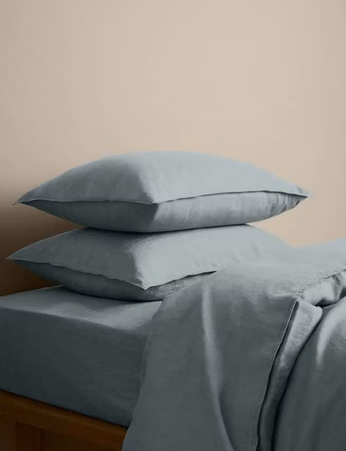 M&S Pure Linen Breathable Duvet Cover Set in Seafoam Green/Blue, 200 x 200 cm