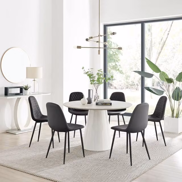 FurnitureboxUK Palma Beige Stone Effect Round Dining Table and 6 Corona Black Faux Leather Chairs