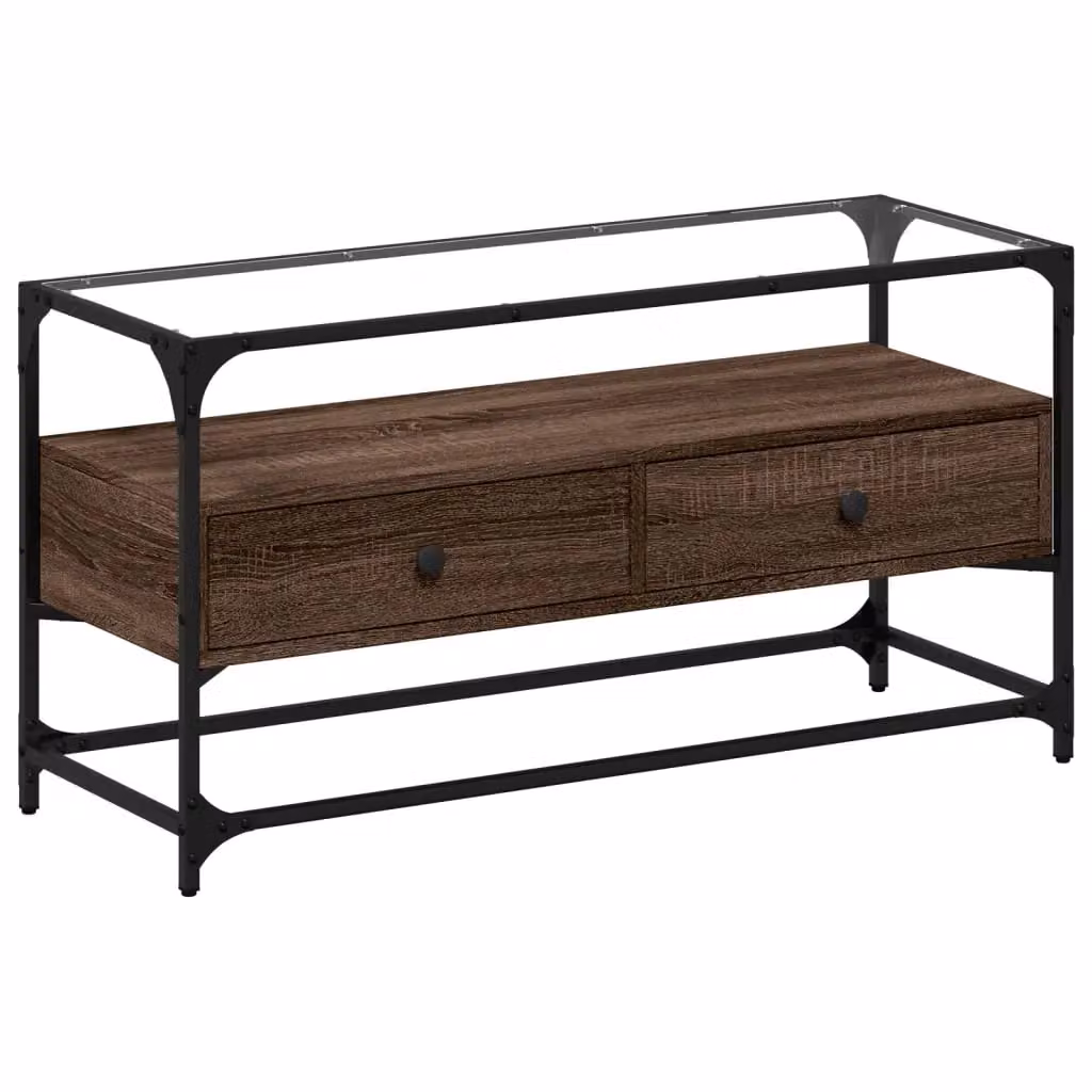 Berkfield Home Industrial TV Cabinet with Glass Top in Brown Oak, W/D/H: 98 x 35 x 51 cm – 2