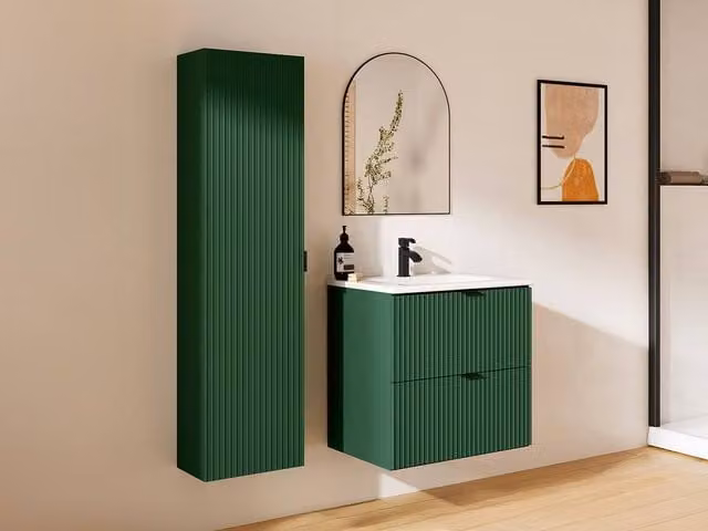 ZEVINI Green and White Striped Wall Mounted Bathroom Vanity Unit and Tall Cabinet Set – 1