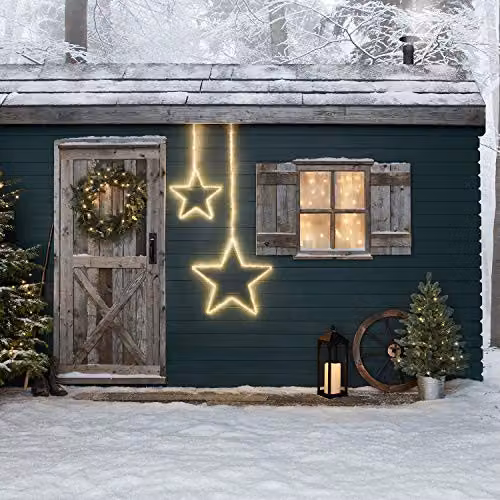 Lights4fun Set of 2 Outdoor Hanging Star Lights with 310 Warm White LEDs and Cluster Effect, White – 2