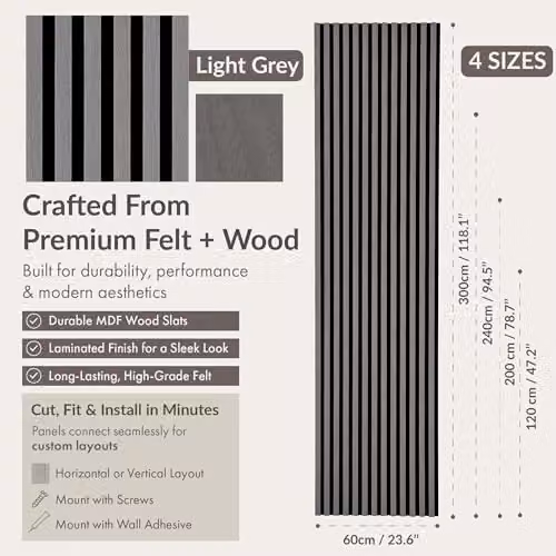 Home Treats Decorative Wood Slat Wall Panel in Light Grey, W: 60 cm, H: 200 cm – 4