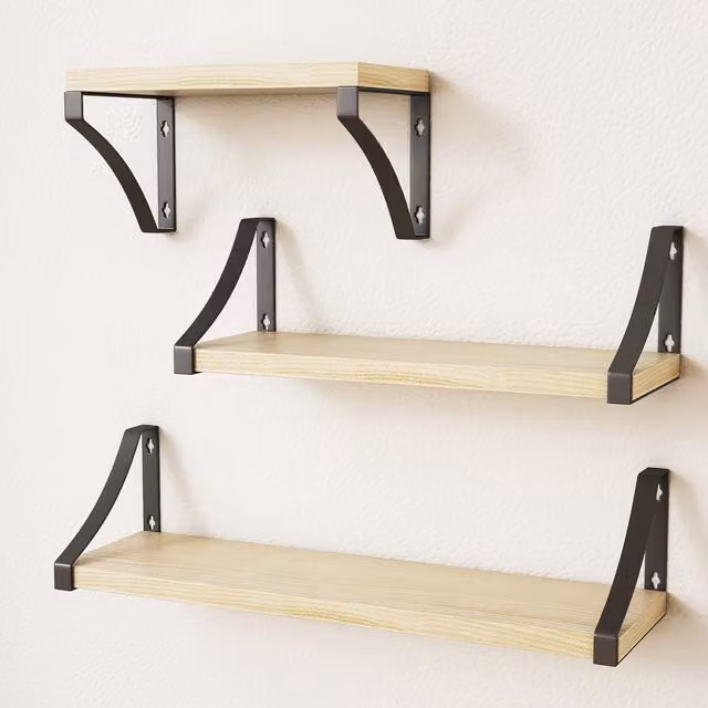 Home Treats Set of 3 Brown Pine Wood Floating Wall Mounted Shelves