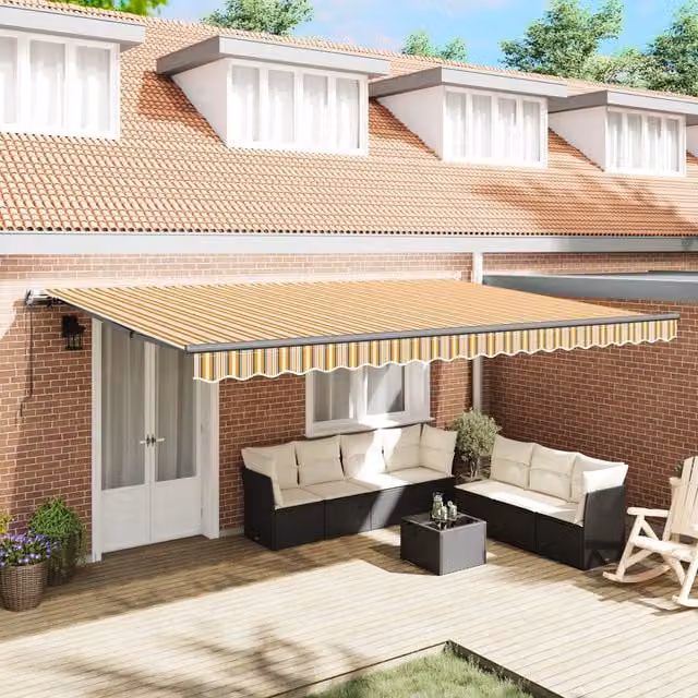 Berkfield Home Manual Retractable Wall-Mounted Awning with Multicolour Yellow Stripes, W: 500 cm, D: 300 cm