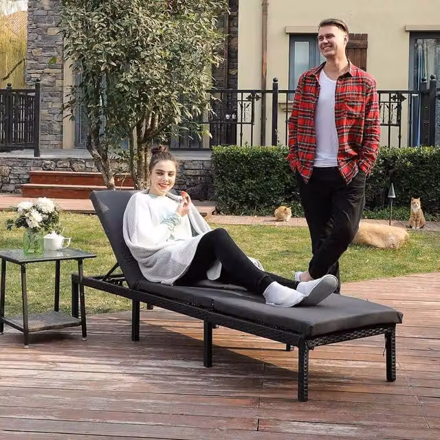 The Bazaarist Reclining Outdoor Sun Lounger with Cushion in Rattan Style, Grey and Black