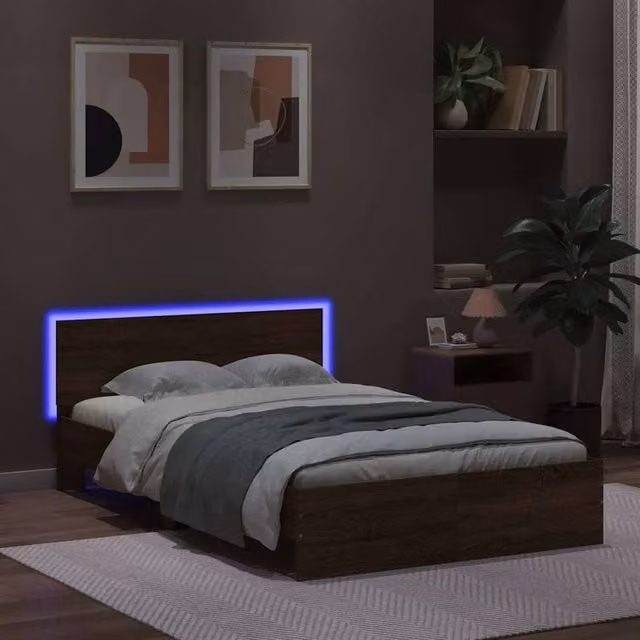 Berkfield Home Modern Bed Frame with Headboard and LED Under-Bed Lighting in Brown Oak, W/D/H: 140 x 190 x 70 cm