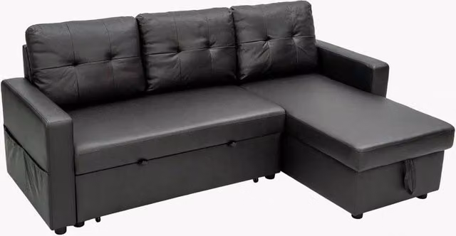 FORGEVIO Black Faux Leather L-Shape Corner Sofa Bed with Scatter Cushions – 1