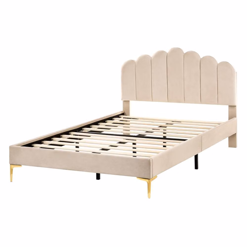 Wyld and Coco Small Double Velvet Bed in Beige with Height Adjustable Headboard – 2