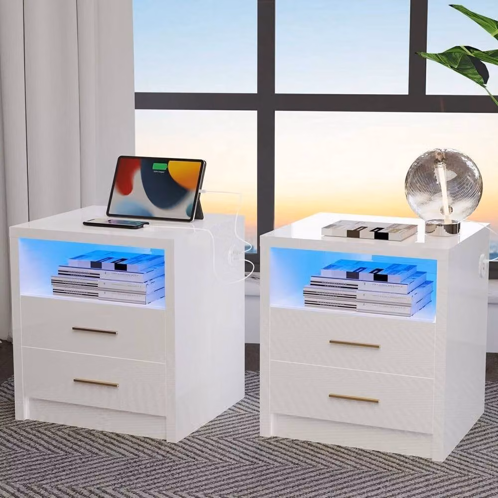 FORGEVIO Modern White 2-Drawer Bedside Table with Integrated Lighting and USB Charging Port – 3