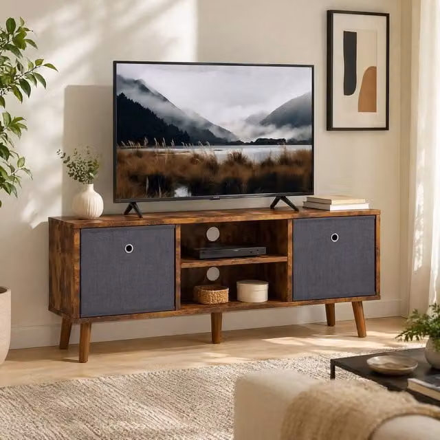 STILVORA Rustic Brown Wood TV Stand with 2 Drawers and Shelves – 1