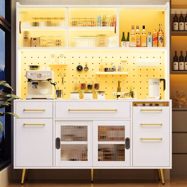 Merax Smart Kitchen Dresser Sideboard with Hutch, LED Lighting and Pegboard in White