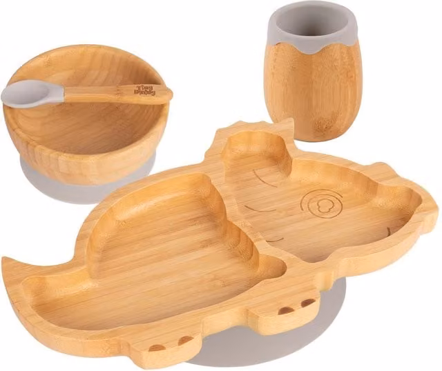 Tiny Dining Dinosaur Bamboo and Silicone 4pc Baby Feeding Set in Grey
