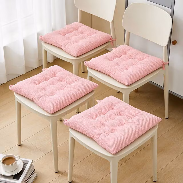 Livingandhome Set of 4 Pink Corduroy Square Quilted Ergonomic Chair Cushions with Ties